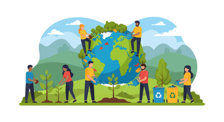 Diverse group nurturing Earth planting trees watering and recycling.