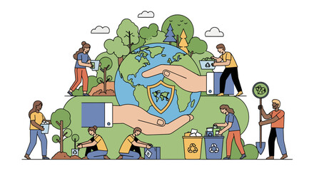 Diverse group of people engaged in environmental conservation activities around the Earth.