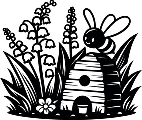 Busy Beehive Beside White Lily of the Valley Patch in Natural Garden Environment