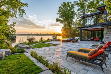 A backyard with a large patio area, colorful cushions on lounge chairs, and a view of a serene lake in the distance. 
