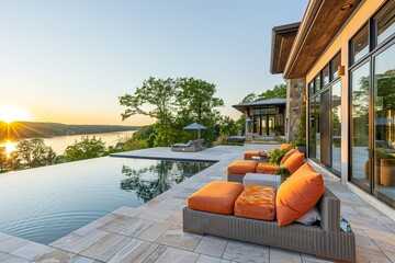 A backyard with a large patio area, colorful cushions on lounge chairs, and a view of a serene lake in the distance. -