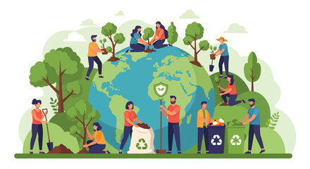 Diverse group of people planting trees and recycling on Earth illustration.