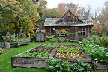 A backyard with a large vegetable garden, raised garden beds, and a rustic wooden shed in the corner. 