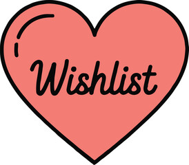 A pink heart with a black outline containing the word wishlist in black cursive on a gray background