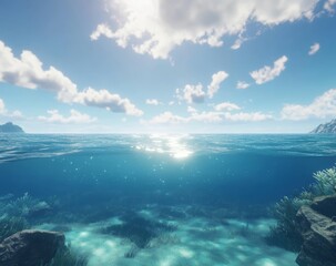 Fototapeta premium Stunning Ocean and Underwater Scene with Bright Sunlight