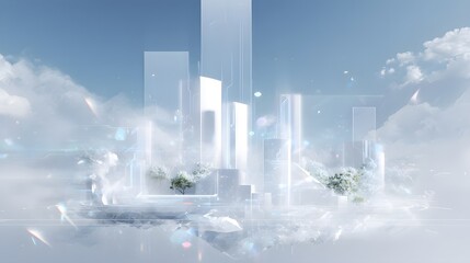 an artistic digital rendering of a futuristic cityscape with floating skyscrapers and transparent blocks forming a three dimension