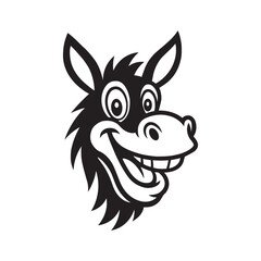  a black and white vector illustration of a cartoon and funny style donkey head on white background