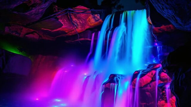Vibrant waterfall descends in darkened grotto