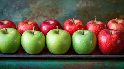 Red and Green Apples on a Rustic Metal Tray
