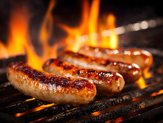 bratwursts cooking on flaming grill