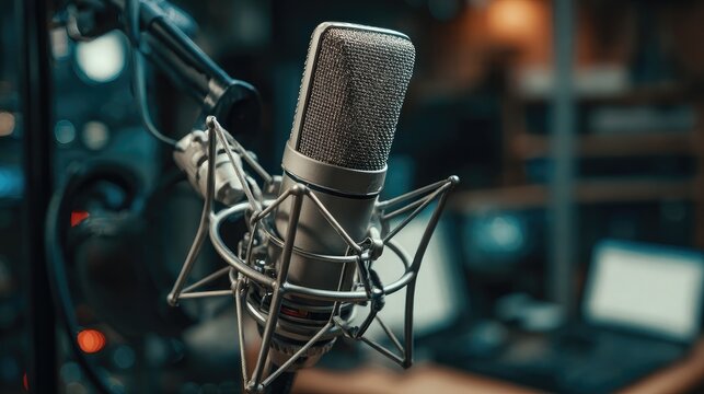 Professional condenser microphone with shock mount and pop filter in a studio setup