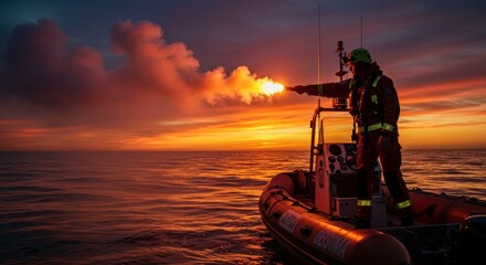 Coast guard officer fires a flare gun at sunset from a rescue boat, dramatic sky.