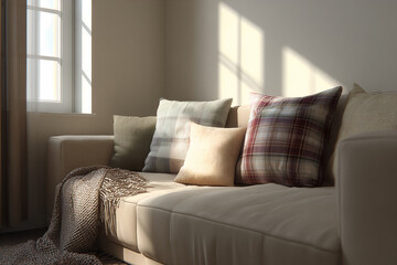 Cozy living room with sunlight highlighting decorative cushions and blanket Generative AI