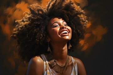 Portrait of a cheerful young black woman with big curly hair, smiling and radiating joy against a golden, textured backdrop