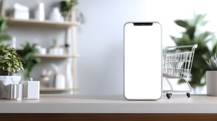 a modern smartphone standing upright in front of a wooden countertop with some items on it, such as a small plant and a pair of sc