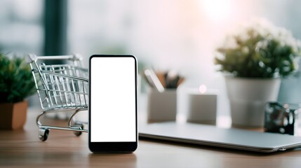 a smartphone with a blank screen displayed prominently on a table next to a cup of coffee