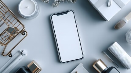 a sleek smartphone with a striking black and white case set on a minimalist surface, surrounded by items that suggest modern lifes