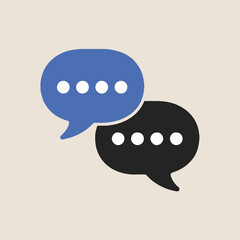 Illustration of two overlapping speech bubbles in blue and black with white dots inside them