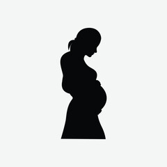 Bold black silhouette of a serene pregnant woman in side profile on white background. Minimalist, graphic vector perfect for maternity, motherhood, and health themes.