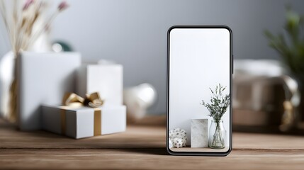 a modern smartphone showcasing its large display with a photo of gift boxes and decorative items in the background