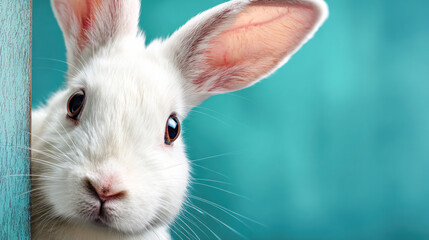 White rabbit with large ears peeking from behind a wooden surface against a vibrant turquoise background, showcasing its curious expression and soft fur