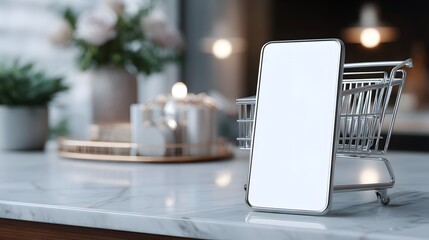 a smartphone with a blank screen placed in front of a checkout symbol on a shopping cart stand that resembles a digital display