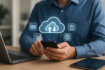 Cloud Technology at Fingertips: A person uses smartphone with cloud technology for seamless connectivity and data access, enhanced by digital graphics illustrating network features.