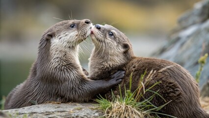 Two otters affectionately grooming each other, showcasing tender affection and playful interaction in a natural outdoor setting.