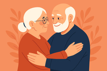Senior couple in love, elderly man and woman embracing. Happy grandparents hugging. Concept of romantic relationship, family values, companionship, retirement life, healthy aging.