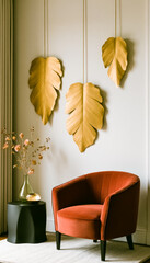 Cozy minimalist interior with orange chair and leaf wall art