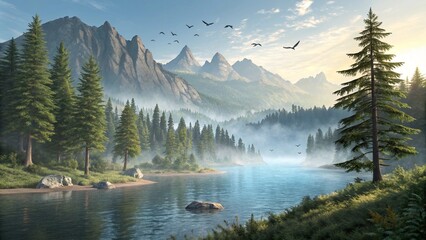 Serene Mountain Lake at Sunrise: Misty Forest, Birds in Flight, Tranquil Landscape