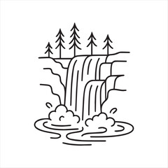 Minimalist Waterfall Illustration Serene Nature Scene with Trees Cascading Water and Mist in a Clean Line Art Style