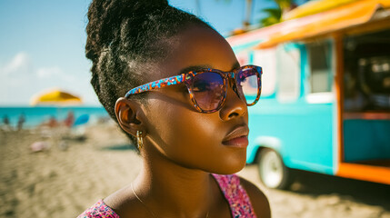 Young african female in sunglasses enjoying a tropical beach day