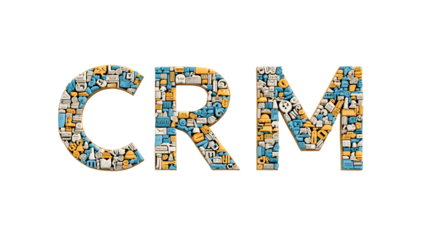CRM acronym formed with various icons representing business tools and processes,