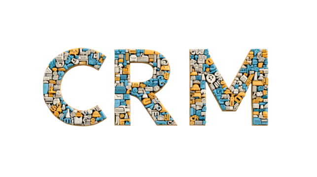 CRM acronym formed with various icons representing business tools and processes,