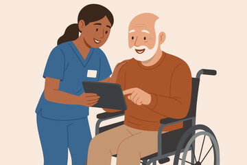 Nurse helping senior man in wheelchair with digital tablet. Eldercare and assisted living concept. Caregiver assisting patient. Healthcare technology in nursing home. Vector cartoon.