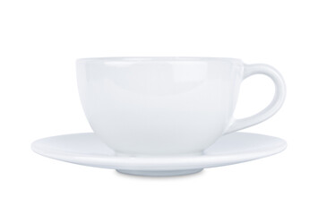 White ceramic cup and saucer isolated on transparent background. Stock photo