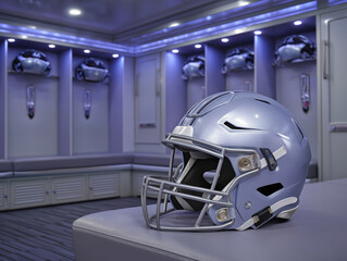 Football helmet resting on a padded bench in a modern locker room, illuminated by soft blue lights, showcasing a sleek design and sports atmosphere for athletic inspiration
