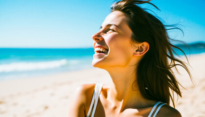 Smiling young caucasian female enjoying sunny beach day