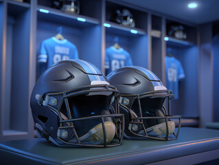 Fototapeta premium Two modern football helmets resting on a bench in a well-lit locker room, with jerseys hanging in the background, showcasing sports equipment and team spirit