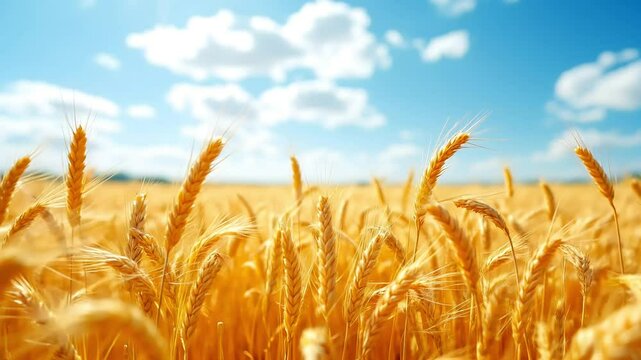 Golden Wheat Field Under Blue Sky With White Clouds During Sunny Day in Rural Landscape