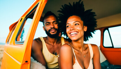 Young african couple enjoying road trip adventure in vibrant orange van
