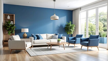 Fototapeta premium Blue Accent Wall with Minimal Furniture. Interior Design Mockup