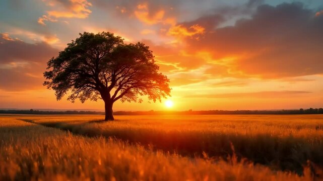 Golden Wheat Field Sunset With Silhouette Tree