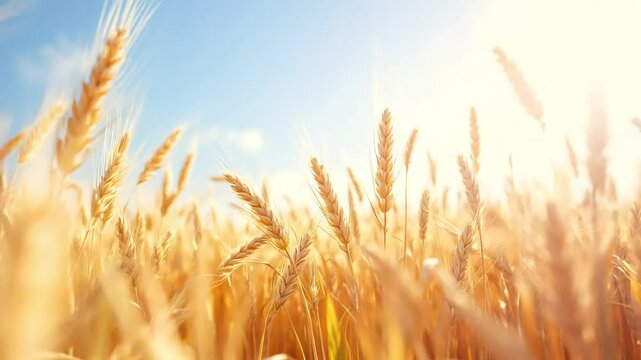 Golden Wheat Field with Blue Sky and Sunlight Focused on Ripe Crops