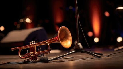 Naklejka premium Brass mute resting inside a trumpet bell on stage before a performance