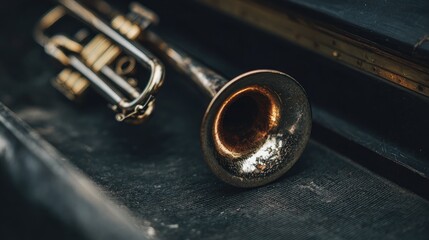Naklejka premium Brass mute resting inside a trumpet bell on stage before a performance