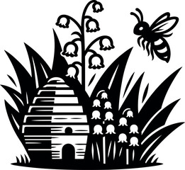 Beehive Surrounded by Blooming Lily of the Valley Flowers in Sunny Outdoor Setting