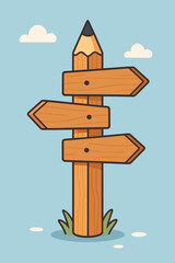 Cartoon pencil shaped wooden signpost vector illustration. Directional arrows, crossroads, decision making, travel choices, navigation guide, education metaphor, creative journey concept
