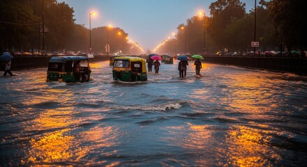 Waterlogged Delhi Street in Heavy Monsoon Rain – Raining News Background